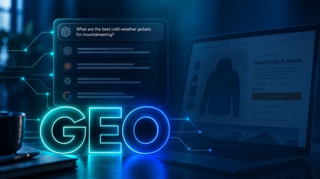 Neon GEO lettering with AI search results and a website displayed on a laptop